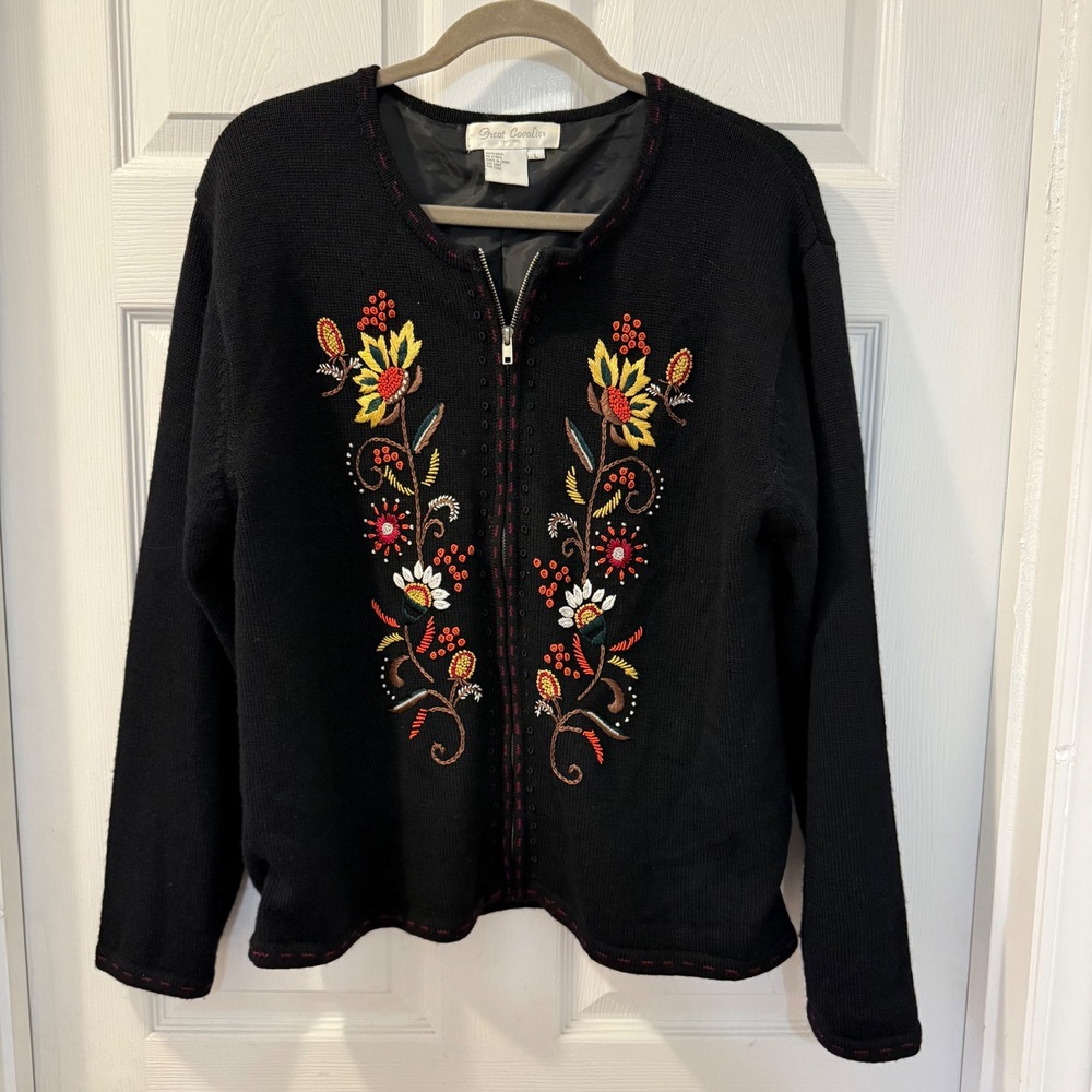 Vintage Great Cavalier Black Embroidered 100% Wool Sweater L Thanksgiving Fall‎